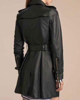 Women’s Mid-Length Double Breasted Black Leather Coat