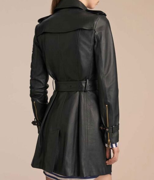 Women’s Mid-Length Double Breasted Black Leather Coat - Image 2
