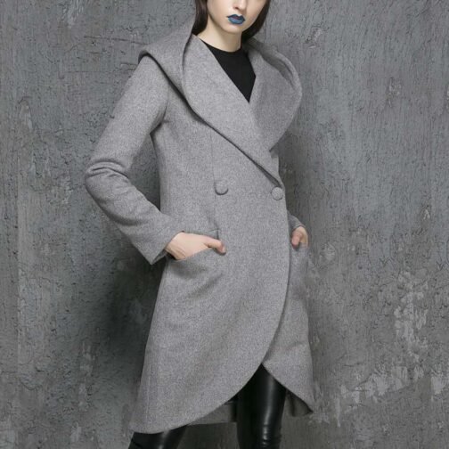 Women’s Asymmetrical Mid-Length Wool Coat with Hood - Image 4
