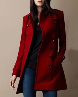 Women’s Red Wool Mid Length Trench Coat