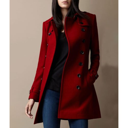 Women’s Red Wool Mid Length Trench Coat