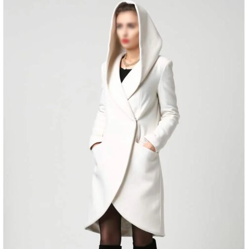 Women’s Asymmetrical Mid-Length Wool Coat with Hood - Image 6