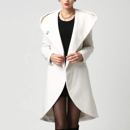 Women’s Asymmetrical Mid-Length Wool Coat with Hood - Image 3
