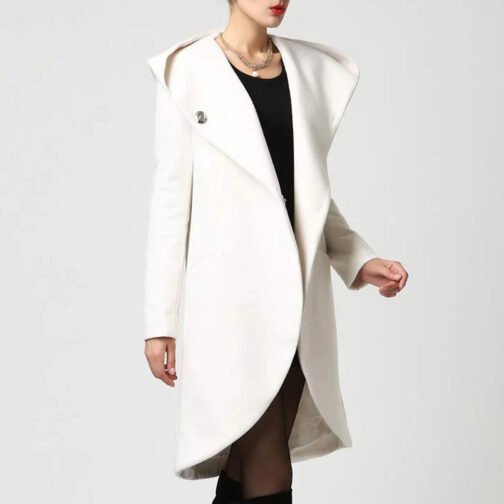 Women’s Asymmetrical Mid-Length Wool Coat with Hood - Image 8