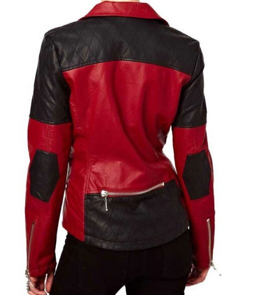 Women’s Asymmetrical Zipper Red and Black Leather Biker Jacket - Image 2
