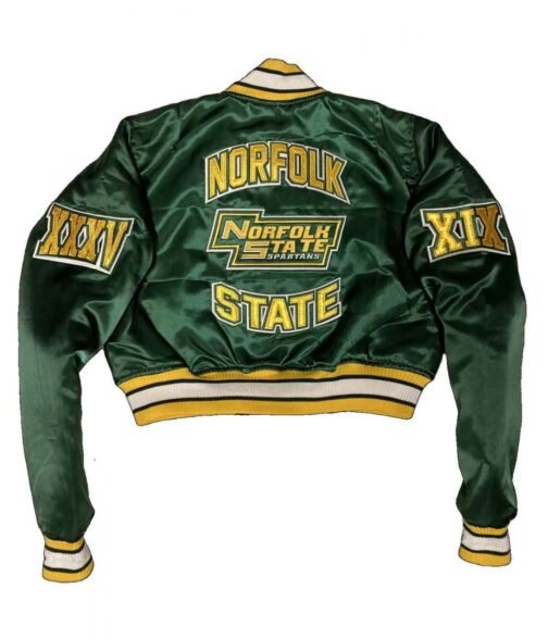 Women’s Cropped Norfolk State University Green Satin Jacket - Image 2