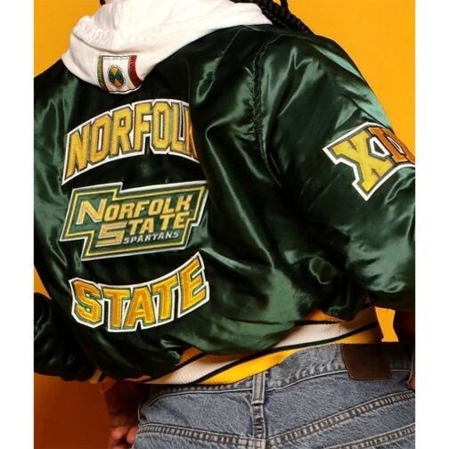 Women’s Cropped Norfolk State University Green Satin Jacket - Image 4