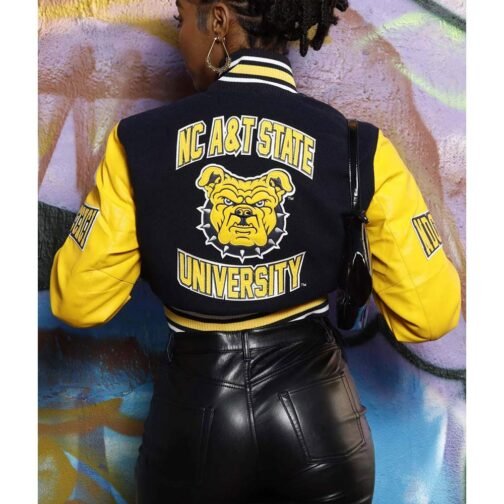 Women’s North Carolina A&T State University Black and Yellow Varsity Jacket - Image 2