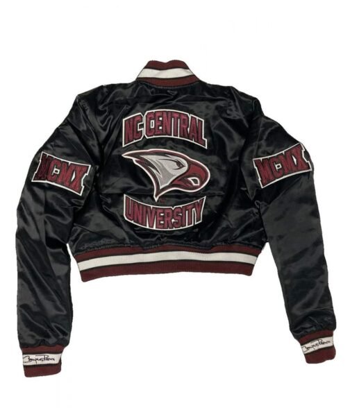 Women’s NC Central University Cropped Black Satin Jacket - Image 2