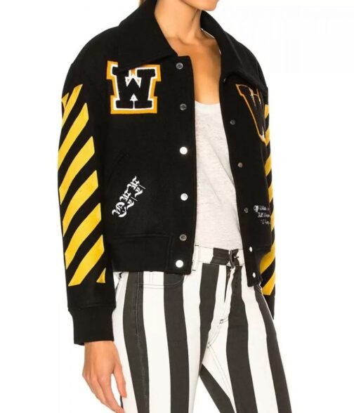 Women’s Off-White Virgil Abloh Varsity Black Jacket with Striped Sleeves - Image 4