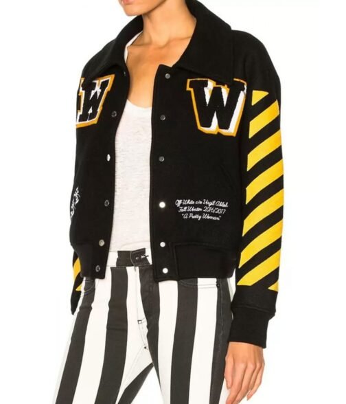 Women’s Off-White Virgil Abloh Varsity Black Jacket with Striped Sleeves - Image 5