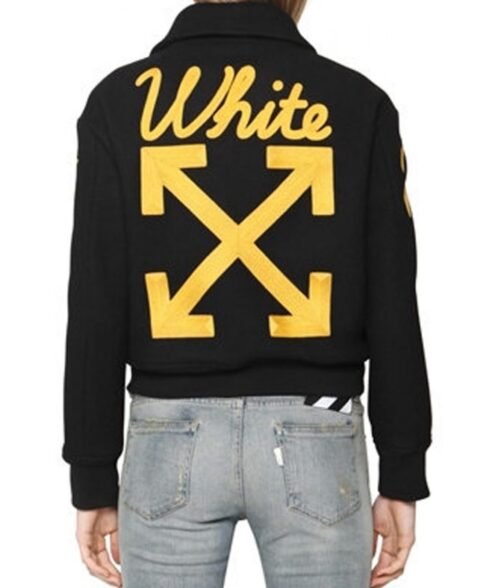 Women’s Off-White Virgil Abloh Varsity Black Jacket with Striped Sleeves - Image 2