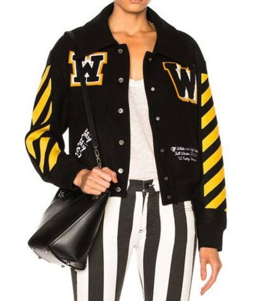 Women’s Off-White Virgil Abloh Varsity Black Jacket with Striped Sleeves - Image 3