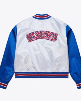 Women’s Philadelphia 76ers Cropped White and Blue Satin Jacket