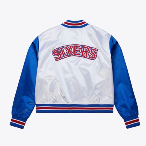 Women’s Philadelphia 76ers Cropped White and Blue Satin Jacket - Image 2