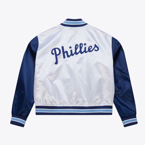 Women’s Philadelphia Blue Jays Cropped White and Blue Satin Jacket - Image 2