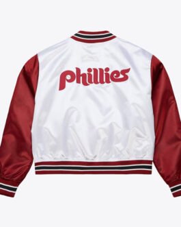 Women’s Philadelphia Phillies Cropped White and Red Satin Jacket