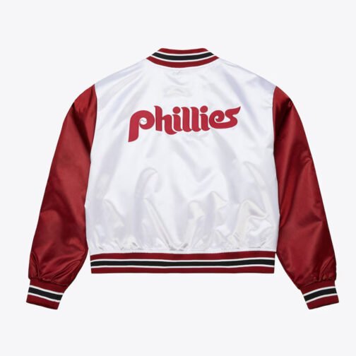 Women’s Philadelphia Phillies Cropped White and Red Satin Jacket - Image 2