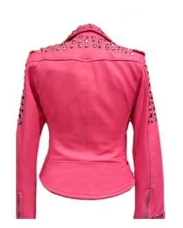 Women’s Biker Pink Silver Studded Leather Jacket