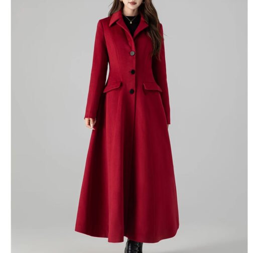 Women’s Princess Red Wool Long Coat - Image 3