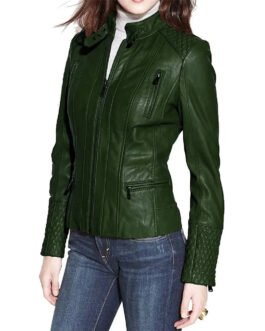 Women’s Dark Green Quilted Biker Leather Jacket