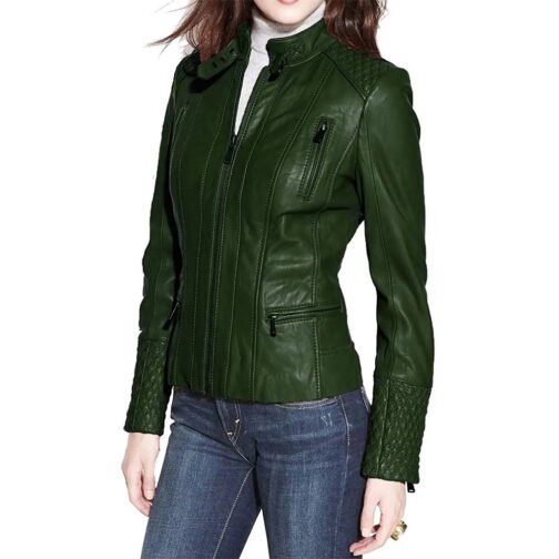 Women’s Dark Green Quilted Biker Leather Jacket