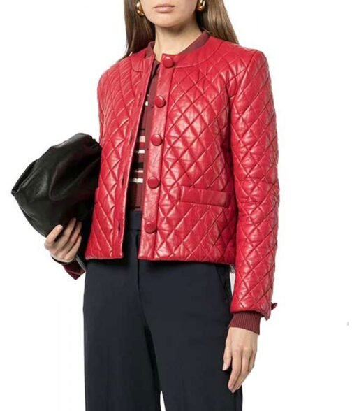Women’s Collarless Quilted Red Leather Jacket - Image 4