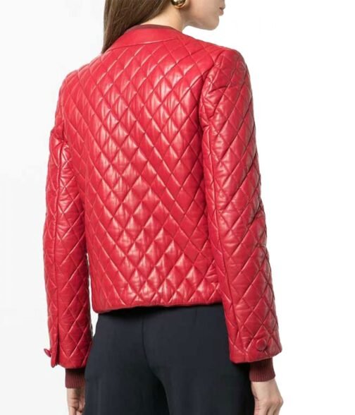 Women’s Collarless Quilted Red Leather Jacket - Image 3