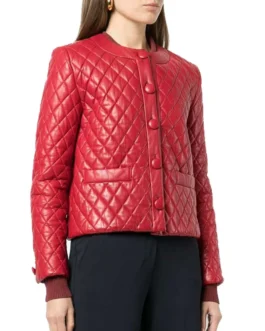 Women’s Collarless Quilted Red Leather Jacket