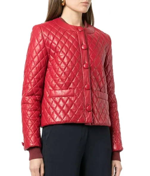 Women’s Collarless Quilted Red Leather Jacket - Image 2
