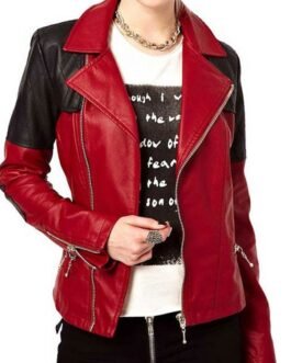 Women’s Asymmetrical Zipper Red and Black Leather Biker Jacket