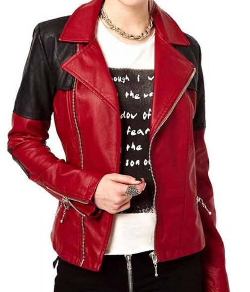 Women’s Asymmetrical Zipper Red and Black Leather Biker Jacket