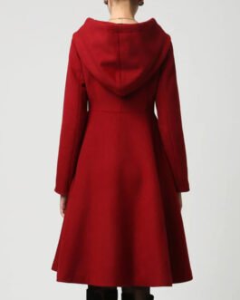 Women’s Red Wool Swing Coat with Hood