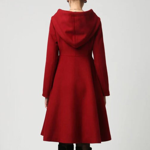 Women’s Red Wool Swing Coat with Hood - Image 2
