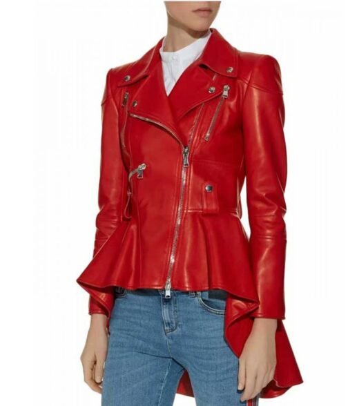 Biker Women’s Peplum Red Leather Jacket