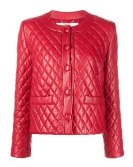 Women’s Collarless Quilted Red Leather Jacket