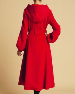 Women’s Red Swing Wool Coat with Big Hood