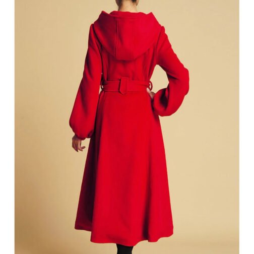 Women’s Red Swing Wool Coat with Big Hood - Image 2