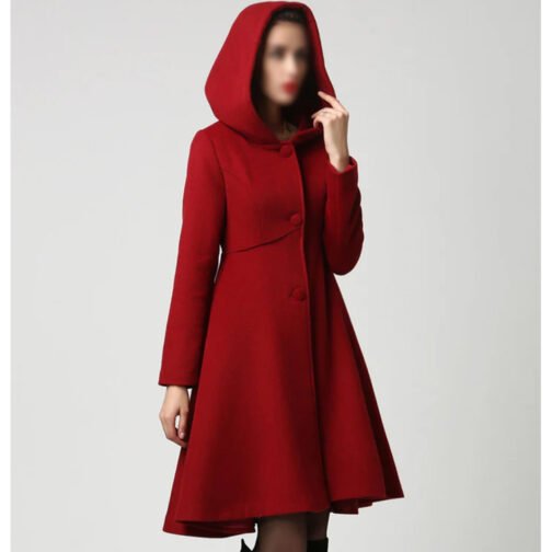 Women’s Red Wool Swing Coat with Hood - Image 6