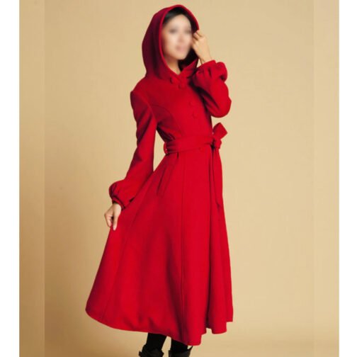 Women’s Red Swing Wool Coat with Big Hood - Image 4