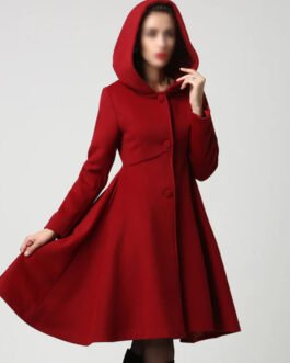 Women’s Red Wool Swing Coat with Hood