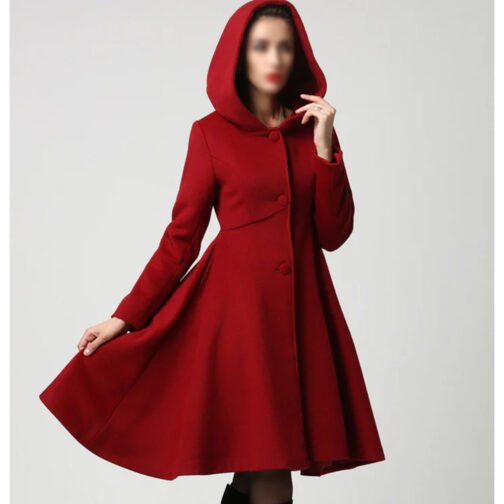 Women’s Red Wool Swing Coat with Hood