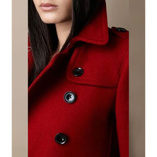 Women’s Red Wool Mid Length Trench Coat - Image 3