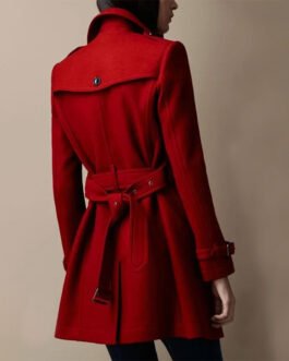 Women’s Red Wool Mid Length Trench Coat
