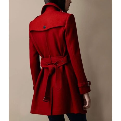 Women’s Red Wool Mid Length Trench Coat - Image 2