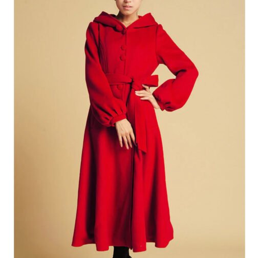 Women’s Red Swing Wool Coat with Big Hood - Image 5