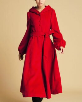 Women’s Red Swing Wool Coat with Big Hood