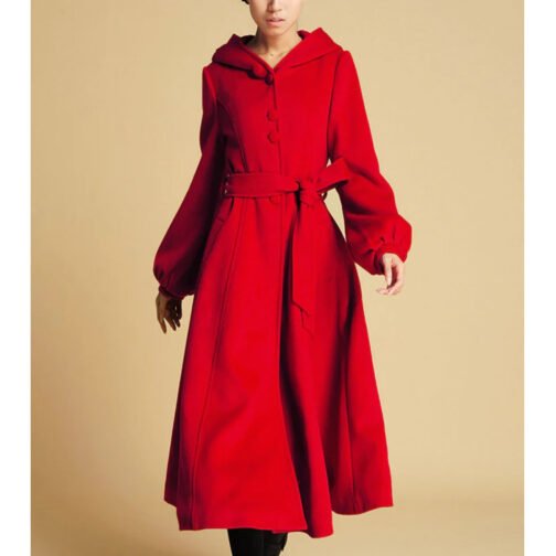 Women’s Red Swing Wool Coat with Big Hood