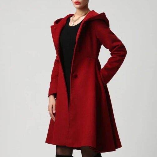Women’s Red Wool Swing Coat with Hood - Image 3