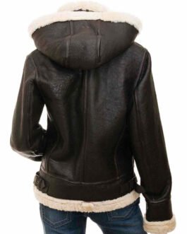 Women’s Shearling Buckle Collar Brown Leather Jacket with Hood